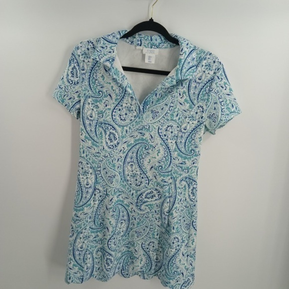 Sigrid Olsen Golf Tennis Blue Paisley Scalloped Hem Polo Dress Womens‎ Small